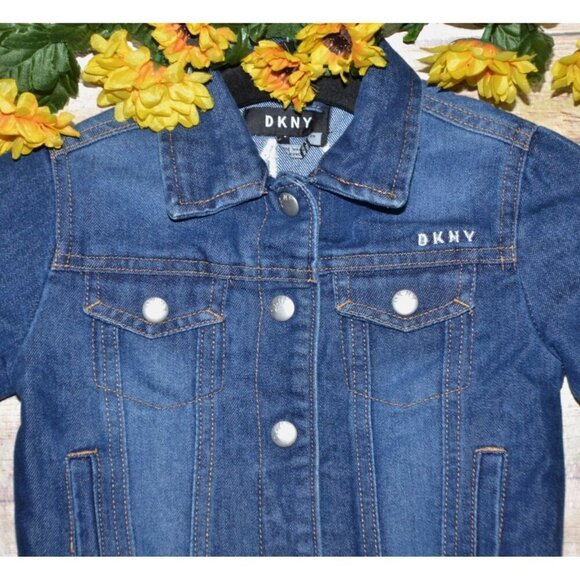 DKNY Girls Denim Long Sleeve Button Up Blue Jean Jacket Size 4 Embroidered Logo - Picture 3 of 10